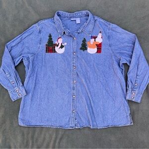 Denim Snowman Long Sleeve Button Up